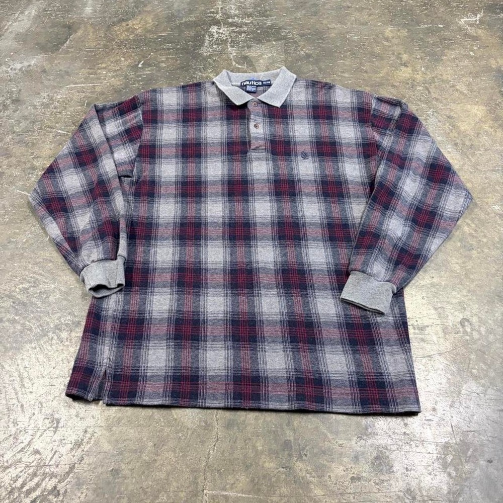 Vintage Nautica Plaid Rugby Polo Shirt Mens XL Long Sleeve Grey Burgundy 90s